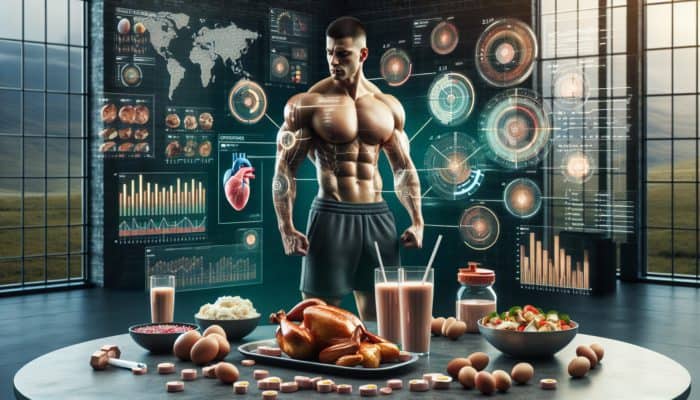 Bodybuilder in gym with protein foods, scale showing 1.6-2.2g/kg, muscles highlighted for growth and recovery.