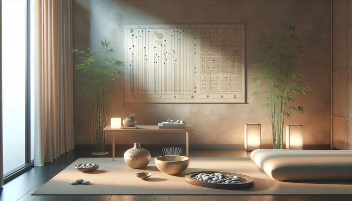 A serene acupuncture session with modern insurance documents and charts in a tranquil, minimalist room.