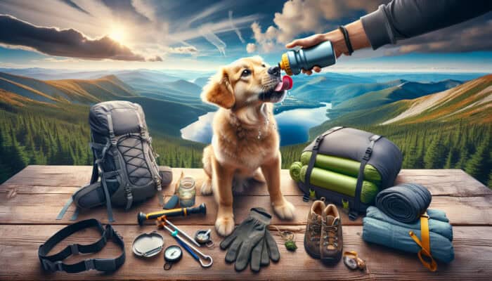 Dog drinking from portable water bottle during a journey, surrounded by travel gear and scenic backdrop.