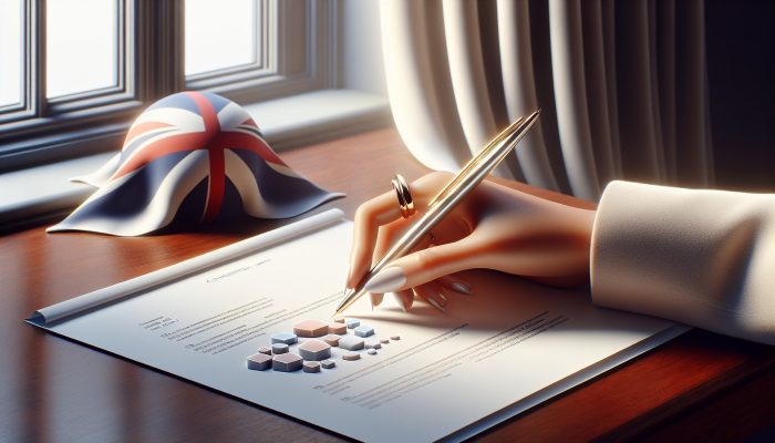 A hand with a pen over financial documents and graphs, UK flag in background, representing loan consolidation application process.