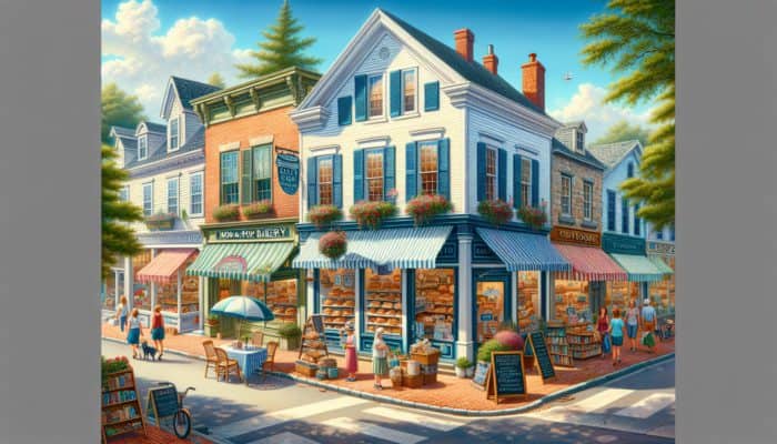 A bustling street in Wareham with diverse small businesses and locals, under a clear sky.