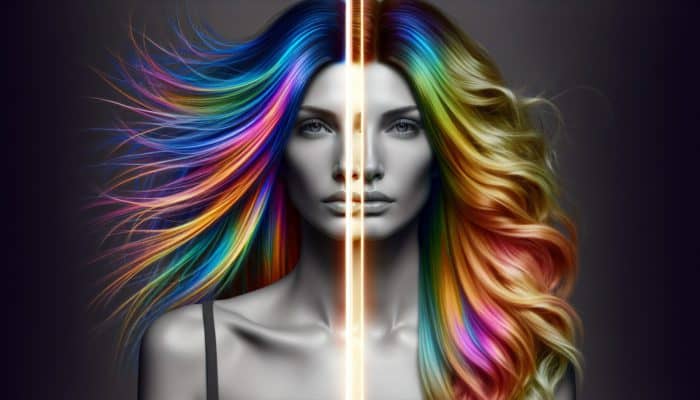 Person with multi-colored hair showing over-processing effects versus another with hair color matching their skin tone.