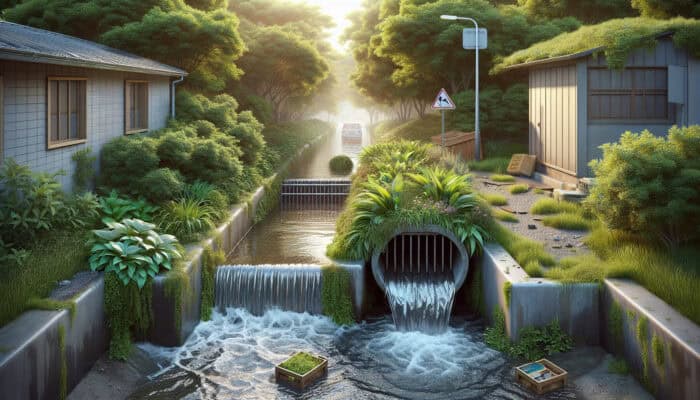 A well-maintained catch basin with clear water flow versus a neglected, clogged basin causing flooding and home damage.