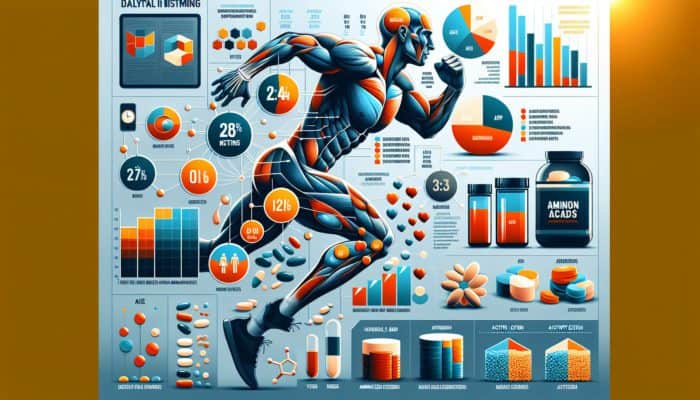 Infographic showing daily essential amino acid intake recommendations for various groups, emphasizing athletes' needs.
