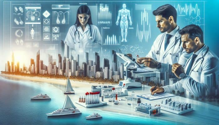 Illustration of testosterone blood test in Portsmouth clinic, experts analyzing results on advanced equipment.