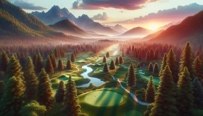 Aerial view of Mbombela Golf Club with lush fairways, water hazards, and Nelspruit mountains at sunset.