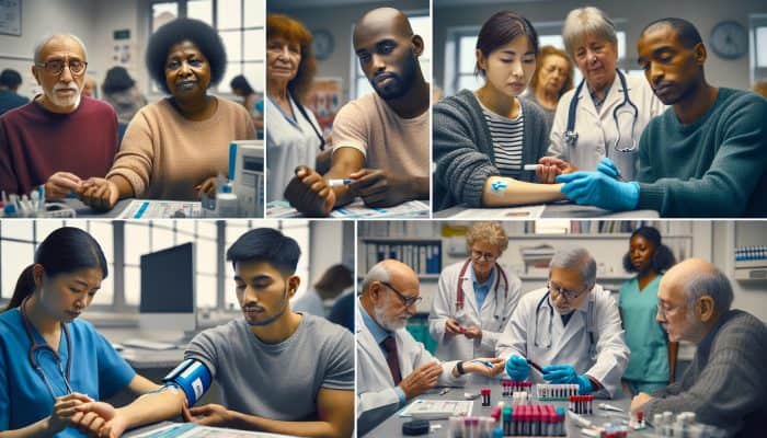 Diverse group in Peterborough at community health center for diabetes blood testing, interacting with healthcare professionals.