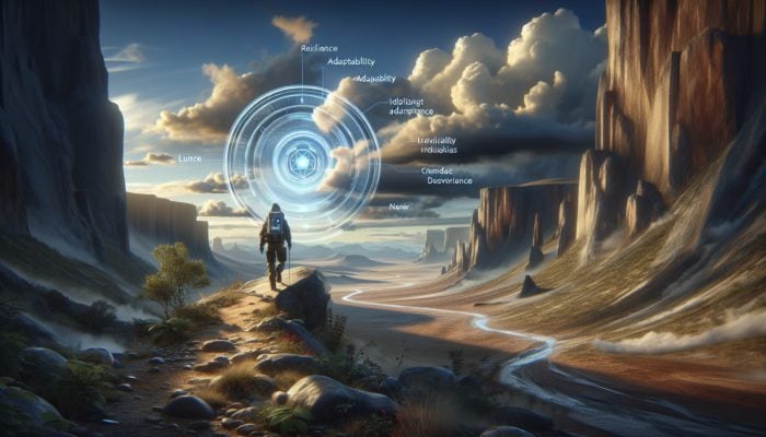 A person using advanced tech in a harsh landscape, guided by a hologram, under a dramatic sky.