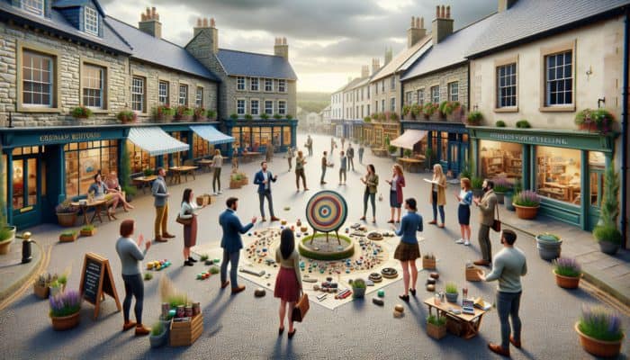 Crewkerne town square bustling with small businesses and local marketing experts sharing strategies.
