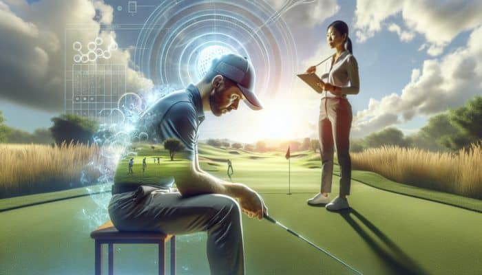 A South African golfer practicing mental resilience on a sunlit course, observed by a psychologist.