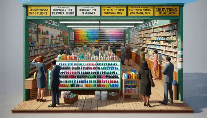 A vibrant Kettering store with shelves of rubber chloroprene gloves, a "Purchase Here" sign, and browsing customers.