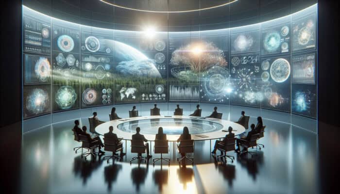 A serene conference room with virtual assistants and experts discussing conflict resolution, surrounded by holographic displays.