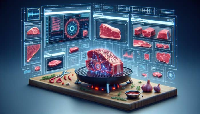 High-resolution cameras and computer vision analyze meat, machine learning determines precise AI trimming strategies.