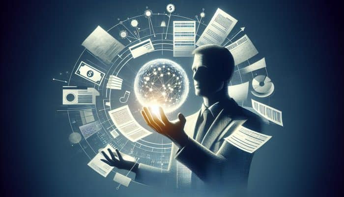 Person relieved with simplified financial documents and a clear payment plan, symbolizing debt consolidation benefits.