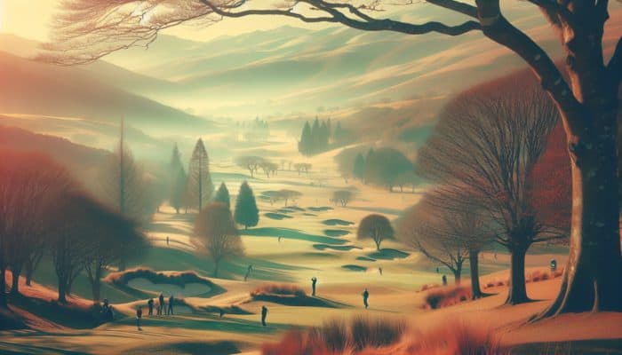 South African golf resort in winter, clear skies, minimal rain, 15°C to 25°C, golfers enjoying scenic course.