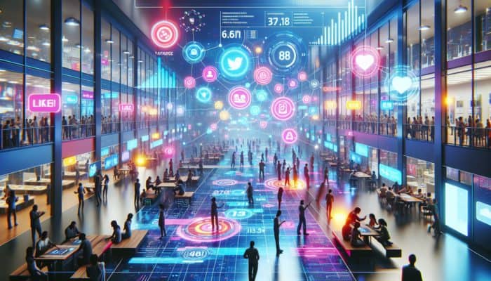 A vibrant hub in Gillingham with people engaging on digital screens and colorful success graphs.