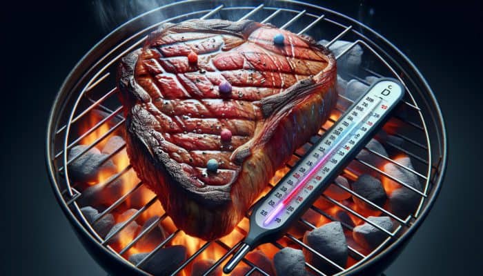Dry-aged steak grilling on charcoal grill at 450°F to 500°F, showing perfect sear marks and juicy interior.