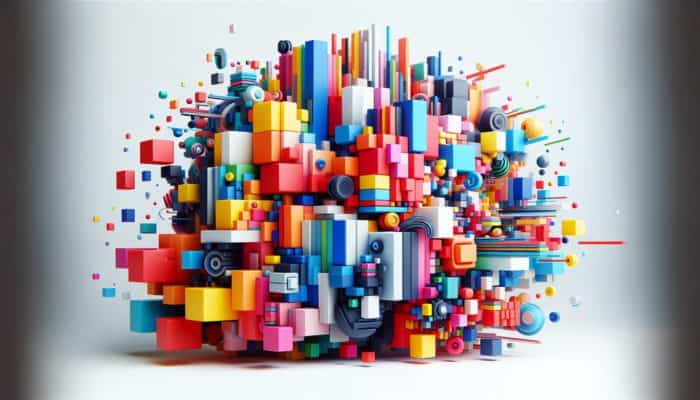 A vibrant abstract composition with bold, solid color blocks in a dynamic pattern on a white background.