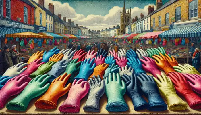 Diverse nitrile gloves on a market stall in Swindon, with historic buildings in background.