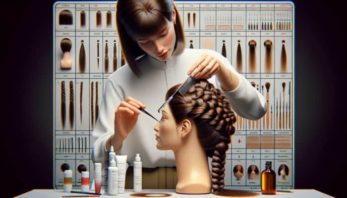 A hairstylist demonstrating braiding on a mannequin with a fine-tooth comb and hair products.