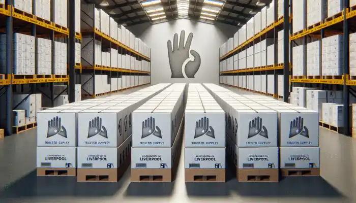 Warehouse in Liverpool stocked with sterile gloves, logo of trusted supplier visible on packaging and walls.