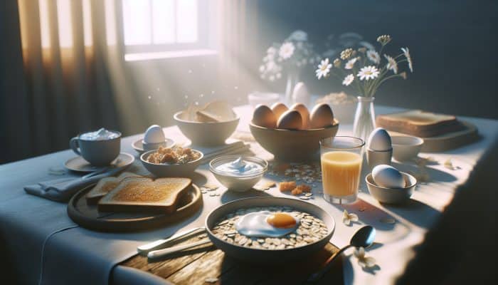A serene breakfast table with oats, toast, eggs, and yogurt in soft morning light, symbolising nutrient timing for grief management.