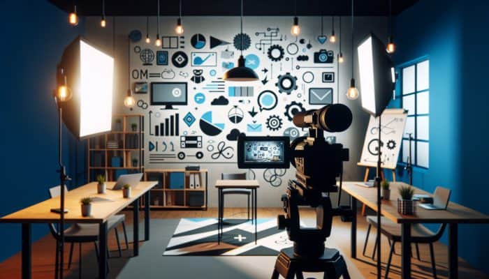 A professional video production setup in a small business studio, featuring high-quality cameras, microphones, and lighting, conveying a clear, brand-aligned message.