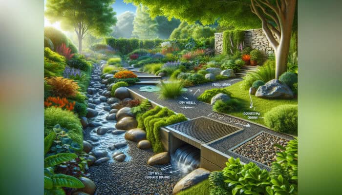 A lush yard featuring various drainage solutions including French drains, dry wells, swales, trench drains, and surface drains.
