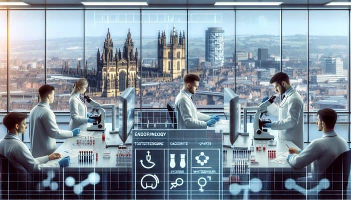 Illustration of testosterone blood testing in Sheffield clinic, with experts and city view.