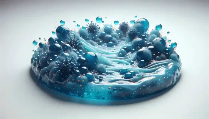 Antibacterial body wash with blue liquid and bubbles targeting bacteria on skin.