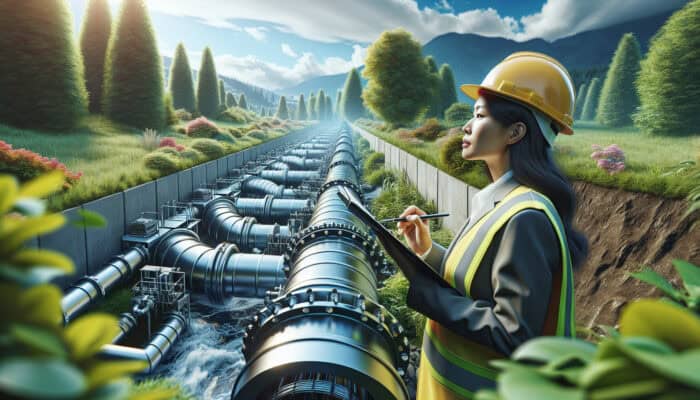 A professional engineer inspecting an innovative outdoor drainage system in a lush, green landscape in Port Coquitlam.