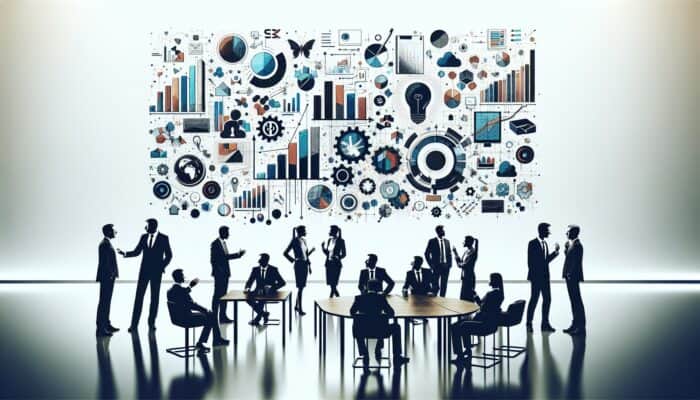 A modern office with professionals discussing SEO strategies and analytics on a large screen.