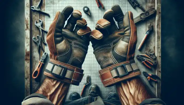 Rugged leather rigger gloves with adjustable cuffs worn on a construction site, ensuring durability and a snug fit.