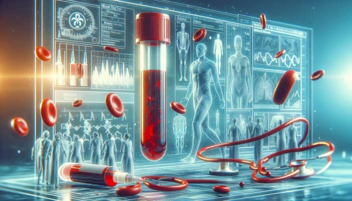 Illustration of a blood test for ferritin levels, highlighting early detection of health issues like anemia and liver dysfunction.
