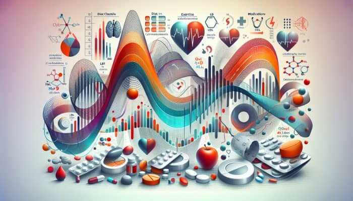 A medical chart displaying cholesterol level fluctuations due to diet, exercise, medication, and stress, with graphs and clinical notes.