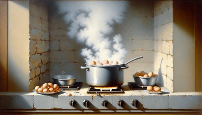 Eggs gently simmering in a pot on medium heat to prevent cracks, with soft steam and a watchful cook.