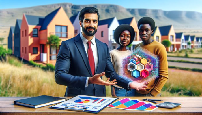 Real estate agent presenting expert strategies to young couple, entry-level homes in background, Makhanda.