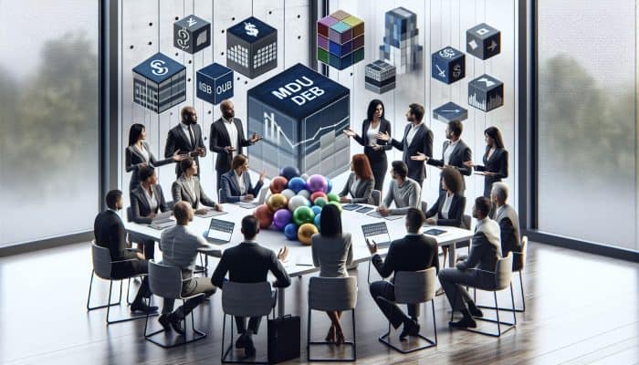 Diverse financial experts discussing mortgage debt consolidation strategies in a modern conference room with visual aids.