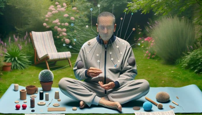 Man using fingers and tools for acupressure on LI4 and ST36 points in a serene UK setting.