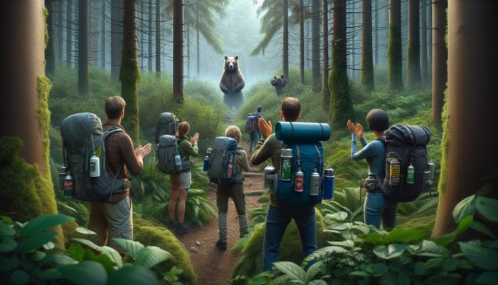 Hikers in forest using bear bells, clapping, and equipped with bear spray, observed by a cautious bear.