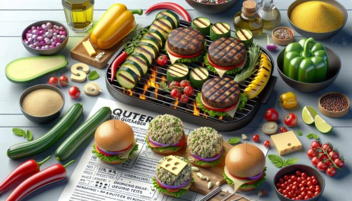 Grilled vegetables stuffed with quinoa and burgers enhanced with quinoa on a vibrant BBQ setup.