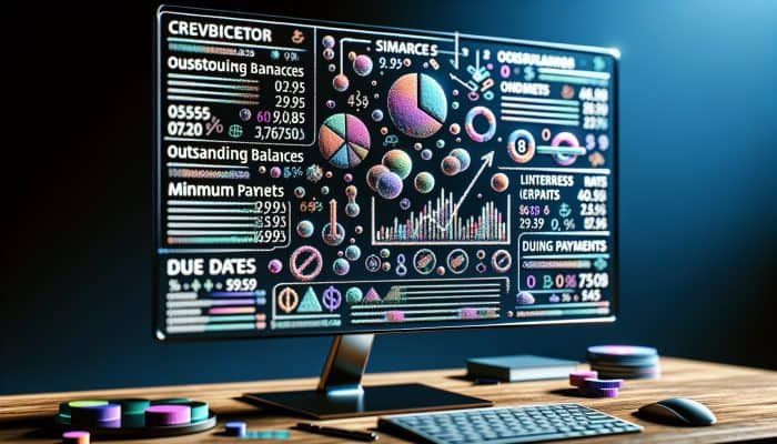 A spreadsheet on a computer screen with columns for creditor details and graphs showing debt consolidation progress.