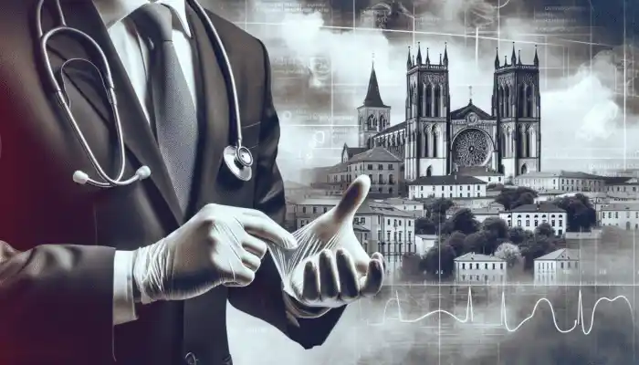 A medical expert wearing a clear vinyl powdered glove in Salisbury, with the city's cathedral in the background.