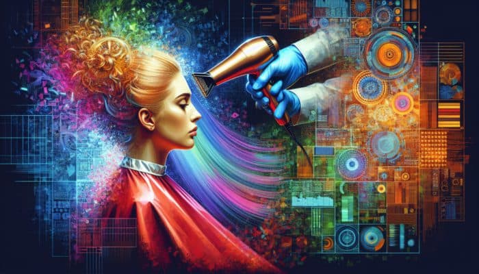 Hairstylist using blow dryer to apply Airtouch highlights in a modern salon.