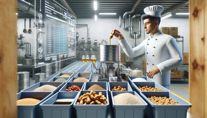 A chef filtering peanut oil post-deep frying, using an advanced oil management system with labeled recycling containers.