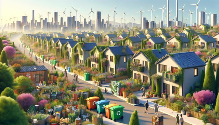 A vibrant Giyani family neighborhood with community gardens, recycling bins, and energy-efficient homes promoting sustainability.