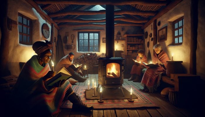 A cozy room with people using a wood stove and candles for warmth during a power outage, reading survival guides.