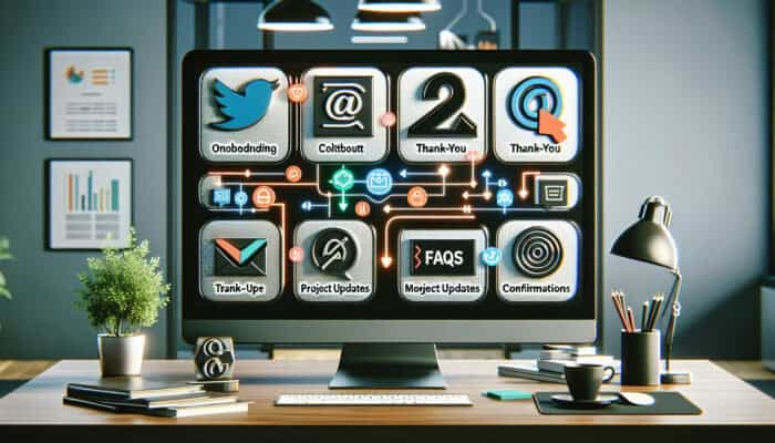 A modern office desk with a computer showing categorized email templates for efficient communication.