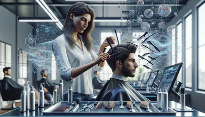 A hairstylist demonstrating hair sectioning techniques with combs in a modern salon.