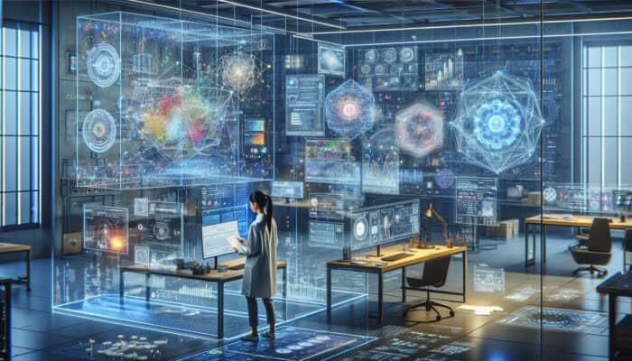A researcher with a virtual assistant on a futuristic interface, surrounded by holographic graphs and documents.